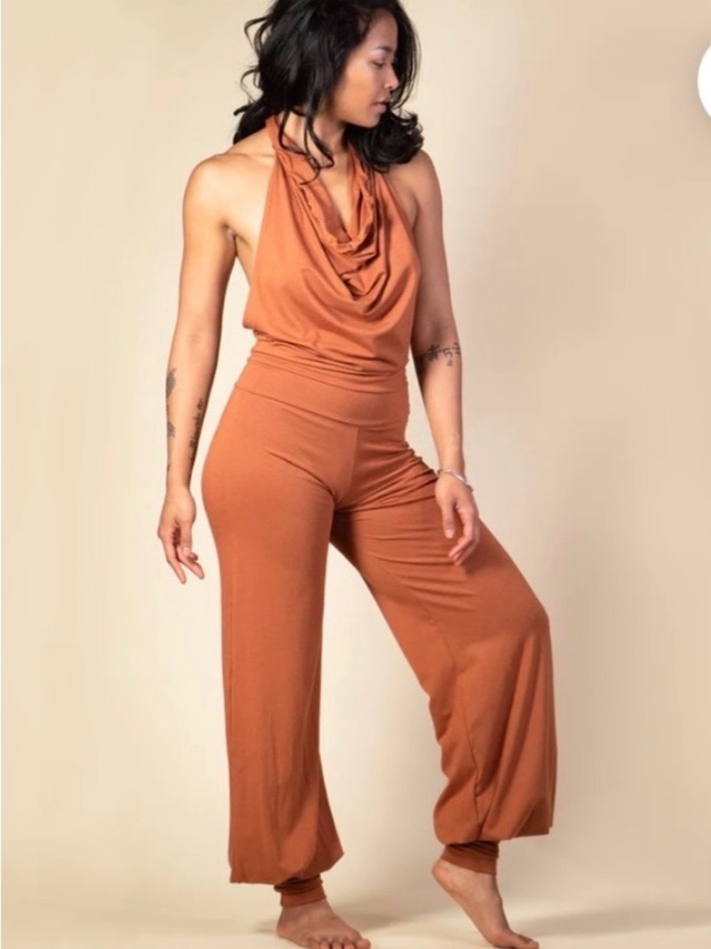 Wide-Leg Cowl Neck Jumpsuit in Rust